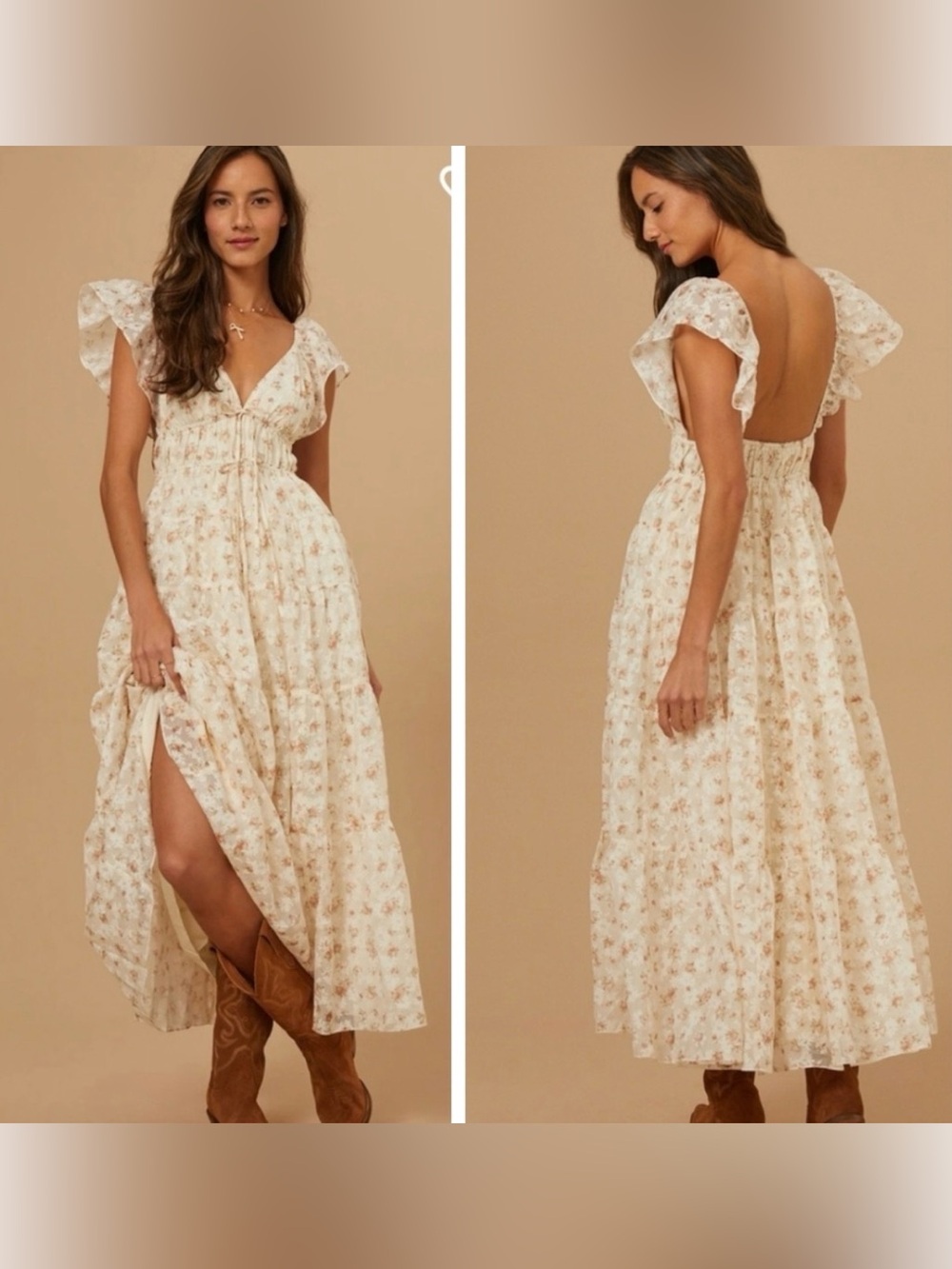 Floral Cream Maxi Dress with Flutter Sleeves